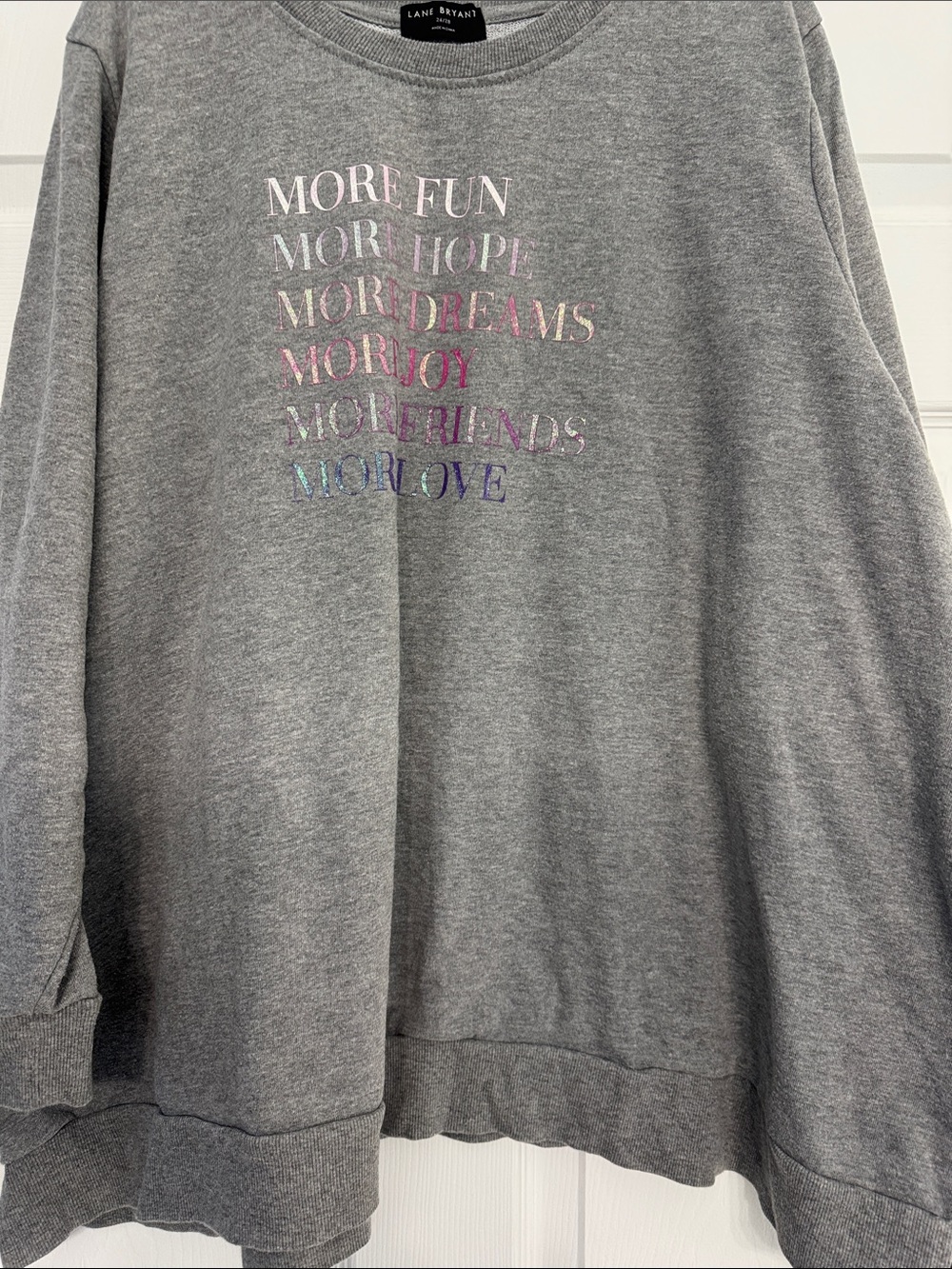 Lane Bryant Gray Crewneck Sweatshirt with Iridescent Multicolor Text